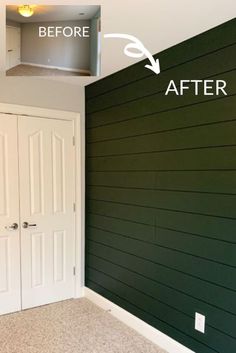 an empty room with green walls and white doors, before and after the paint job