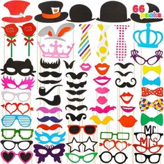 a bunch of photo booth props with hats, glasses and mustaches on them in different colors