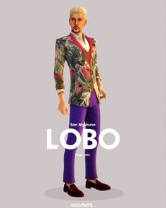 an animated man wearing purple pants and a floral jacket with the words lobo on it