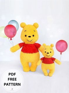 a crocheted winnie the pooh and piggy bear with balloons in their hands