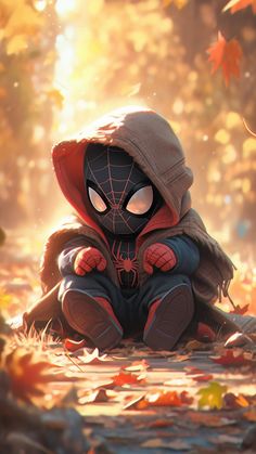 a spider - man sitting on the ground surrounded by leaves