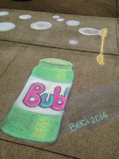 a chalk drawing of a can of bud light on the sidewalk next to a sidewalk marker