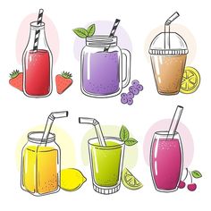 various drinks in mason jars with strawberries and lemons on white background, hand drawn