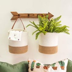 two hanging baskets with plants in them on a wall above a couch and pillows below