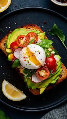 an open face sandwich with avocado, tomato and poached egg