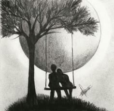 a drawing of two people sitting on a swing in front of a tree with the moon behind them