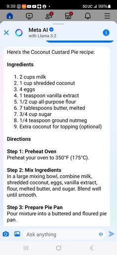 an iphone screen showing the recipe for coconut custard pies on it's side