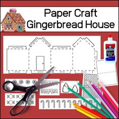 paper craft gingerbread house with scissors and crayons