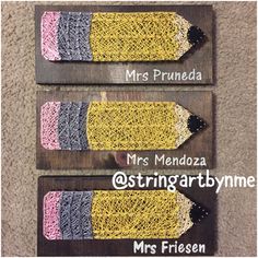 three wooden crocheted pencils with the names mrs friesen and mr primboda