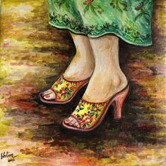 "A traditional footwear ( beaded shoes )of a  Peranakan women dressed in a unique, colourful \"Nyonya Kebaya\" attire . ( Painting attached to wooden frame - ready to be hung ) The Peranakans unique style in clothing and fashion was mainly influenced by the Chinese and Malay cultures - that is the \"baju kebaya\". The blouse is known as \"baju kebaya\", and the skirt is known as the \"sarong\". The kebaya is worn with a batik sarong and matched with \"manek\" (beads) shoes. Origin of the  Perana Peranakan Culture, Nyonya Kebaya, Indonesian Heritage, Batik Sarong, Beaded Shoes, Lady A, Social Media Design Inspiration, 15th Century, A Lady