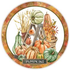 a painting of pumpkins and gourds with the words pumpkins on it