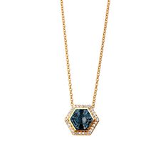 Hex Gemstone Diamond Necklace Yellow Gold Blue Topaz Necklaces With Diamond Cut, Luxury Yellow Gold Blue Topaz Necklace, Luxury Yellow Gold Necklace With Blue Topaz, Luxury Blue Topaz Yellow Gold Necklace, Topaz Color, Yellow Gold Setting, London Blue Topaz, London Blue, Rock Crystal