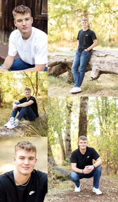 a young man is sitting on a log in the woods and posing for his senior pictures