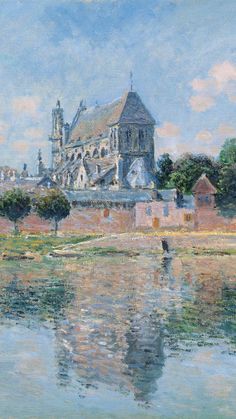 an oil painting of a church by the water