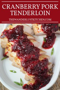 cranberry pork tenderie on a white plate with the title text overlay