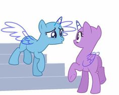 two little ponys standing next to each other on the steps with wings flying above them