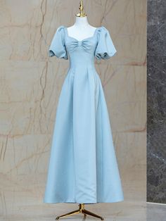 Blue Satin Pearl Long Prom Dress Light Blue A-line Prom Evening Dress, Light Blue A-line Evening Dress For Prom, Blue A-line Evening Dress For Banquet, Light Blue Fitted A-line Evening Dress, Light Blue Satin Dress For Banquet, Light Blue Dresses With Fitted Bodice For Banquet, Blue A-line Satin Dress For Wedding, Blue Satin Evening Dress For Banquet, Light Blue Maxi Evening Dress For Party