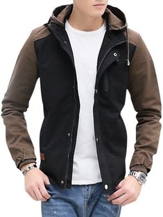 Zip Up Color Block Hooded Jacket - Black - 3V83991224 - Men's Clothing, Men's Outerwear  #MensOuterwear #Men's #Clothing # #Men's #Outerwear Outdoor Hooded Jacket With Zipper Closure, Hooded Jacket With Zipper For Outdoor Fall Use, Fall Parka With Zipper Closure For Outdoor Activities, Brown Hooded Jacket For Fall With Zipper, Black Long Sleeve Windbreaker With Zipper, Brown Hooded Jacket For Fall With Zipper Closure, Fall Hoodie With Zipper For Outdoor, Fall Outdoor Hoodie With Zipper, Fall Outdoor Hoodie With Zipper Closure