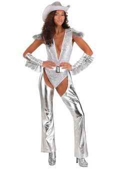 a woman in a silver disco outfit