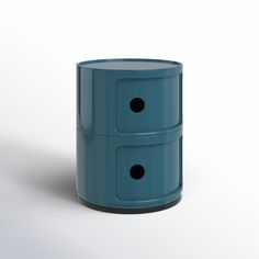 a blue plastic container with two holes on the bottom and one hole in the middle