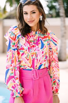 bright blouses, bold blouses, colorful blouses, workwear, boutique blouses Look On The Bright Side, Seasonal Color Analysis, On The Bright Side, Cute Spring Outfits, Pink Abstract, Color Analysis, Brunch Outfit, Casual Work Outfits, Bright Side