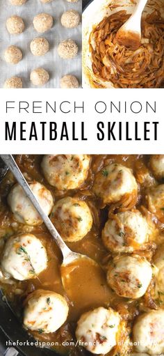 french onion meatball skillet recipe in a pan with the title text above it