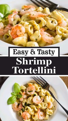 shrimp and tortellini pasta with basil on top