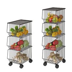 three wire baskets with fruits and vegetables in them on wheels, each holding different types of fruit