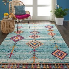 a room with blue walls and a rug on the floor