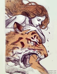 a drawing of a woman hugging a tiger