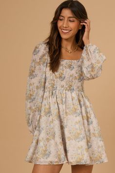 Get ready to make a statement at your next event with this adorable smocked babydoll dress, made from the most elegant floral fabric. White Dress Boots, Dresses For Fall, Floral Babydoll Dress, Skirts With Boots, Dress With Sleeves, Church Dresses, Church Outfits, Altar'd State, Elegant Floral