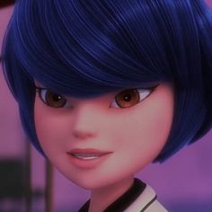 an animated character with blue hair and brown eyes