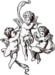 an angel with three cherubs in it's arms, and two other cherub