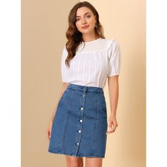 Make an elegant style statement with the Allegra K denim short skirt. Complete your look for sunny days in the park with a pair of sandals to be casual and comfy. It is a good choice to match with a light color T-shirt or blouse, which is full of college style and shows personal charm. Occasion: Coffee Shop, Weekend Gathering, Hanging Out, Work, School, etc. The model is wearing an X-Small. Please check your measurements to make sure the item fits before ordering. Fitted Denim Skirt, Jeans Buttons, Button Down Denim Skirt, Womens Denim Skirts, Skirt Jeans, Jeans Skirt, A Line Shorts, Denim Maxi Skirt, Denim Skirts