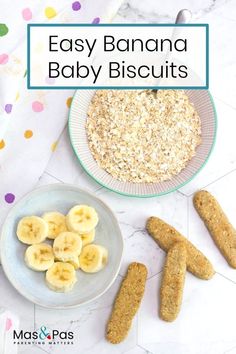 easy banana baby biscuits on a plate with bananas and oatmeal