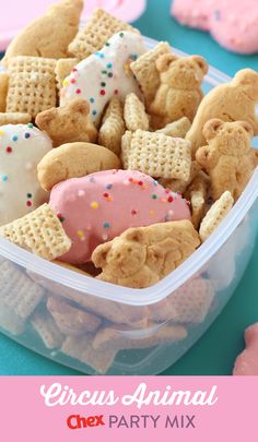 a plastic container filled with lots of different types of cookies and pretzel treats