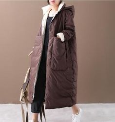 Loose Style Winter Duck Down Jacket, Hooded Down Jacket Women Plus Siz – SimpleLinenLife Winter Down Parka With Fleece Lining, Brown Hooded Puffer Jacket For Winter, Brown Down Winter Puffer Jacket, Brown Down Puffer Jacket For Winter, Winter Duck Down Parka With Pockets, Winter Duck Down Outdoor Parka, Thick Hooded Parka For Fall, Long Sleeve Duck Down Hooded Jacket With Pockets, Winter Hooded Down Jacket With Fleece Lining