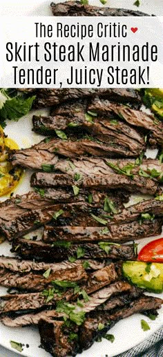 steak marinade on a white plate with tomatoes and cucumber garnish