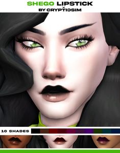 the face of a woman with green eyes and long black hair is shown in three different colors