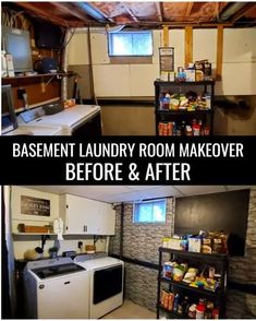 basement laundry room makeover before and after with drywall, cabinets, stove, shelves