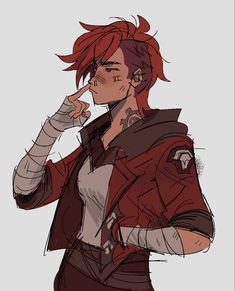 a drawing of a man with red hair pointing to his index finger while wearing a leather jacket