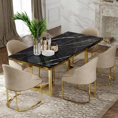 a marble dining table surrounded by beige chairs and a plant in a vase on top