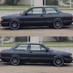 three pictures of a black car parked in front of a building