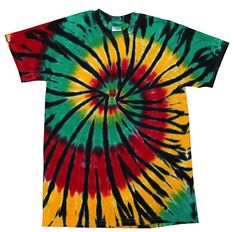 a tie - dyed t - shirt is shown in multicolors and red, yellow, green, and black