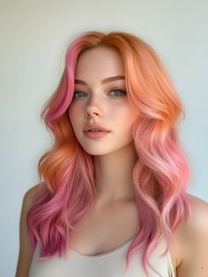 Embrace a bold new look with this stunning blend of peach and pink hues. Soft waves add volume and movement, perfect for those wanting to make a colorful statement! 🌸💫 Pink Hair Dye Shades, Split Dyed Hair Pastel, Grapefruit Hair Color, Dark Colourful Hair, Peach Fuzz Hair Color, Peach And Pink Hair, Flamingo Hair Color, Dark Peach Hair Color, Split Dyed Hair Ideas