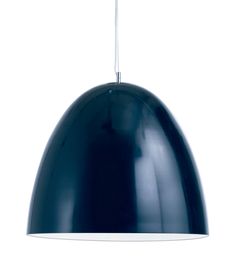 a dark blue pendant light hanging from a white ceiling