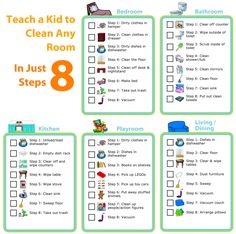 a printable checklist for kids to clean their room in just 8 steps, with the text teach a kid to clean any room in just 8 steps