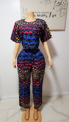 Ankara 2-piece set, Crop Top and Pant Ankara print African Fashion. African matching set. Multicolor Two-piece Pant Set For Summer, Black Printed Short Sleeve Sets, Multicolor Matching Pant Set, Multicolor Short Sleeve Matching Pant Set, Multicolor Matching Short Sleeve Pant Set, Patterned Cotton Short Sleeve Sets, Patterned Cotton Sets With Short Sleeves, Multicolor Short Sleeve Sets For Loungewear, Summer Multicolor Two-piece Pant Set