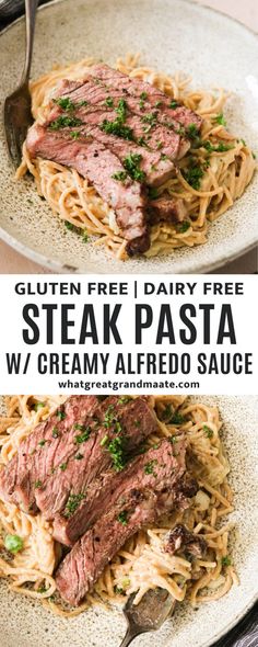 steak pasta with creamy alfredo sauce in two plates