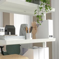 an office desk with a plant hanging from the ceiling and other office supplies on it